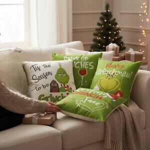 Avon Set of 4 Christmas Grinch Pillow Covers - Merry Grinchmas Decor